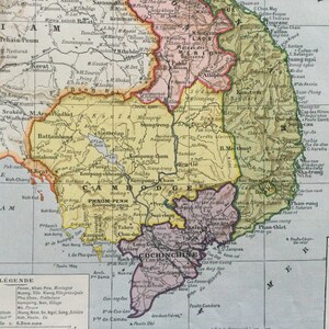 Impresión de mapa antiguo de 1922, Indochina francesa, Siam, Camboya, Annam, Cochinchina y Tonkín, gran formato.