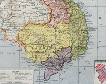 1922 Indocina francese, Siam, Cambogia, Annam, Cocincina, Tonchino, stampa di mappa d'epoca, grande formato