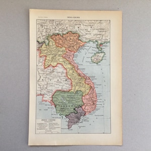Indo-Chine française, Siam, Cambodge, Annam, Cochinchine, Tonkin, Impression vintage carte ancienne, Grand format Larousse Petit format