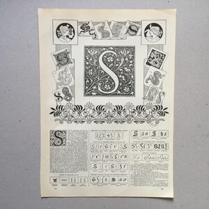 Letra S - Letra S - Cartel de la letra del nombre - Caligrafía latina de la letra S Impresión vintage Tablero original inicial
