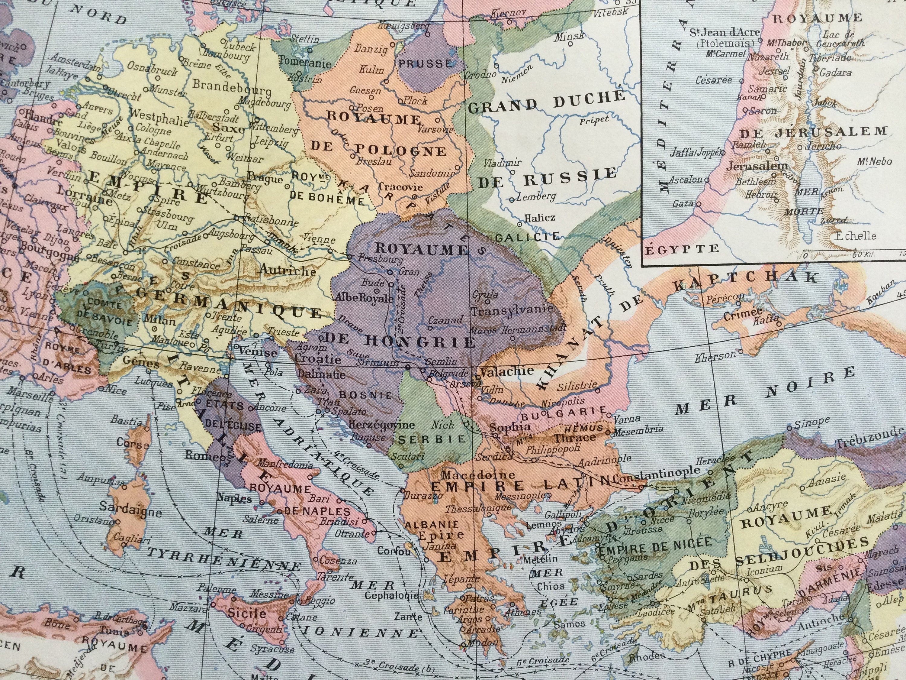 Cartes Vintage Les Croisades - Ancienne Carte Europe Des Croisades Map French Poster Affiche France 