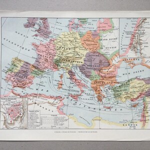 The Crusades - Old Map of Europe of the Crusades - Old Illustration, Vintage Poster, Larousse print 1933 Large format