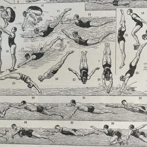 1933 Swimming Crawl, Breaststroke, Rescue Old Illustration Vintage Sports Poster Antique Prints Larousse Original Plate Vintage Sports