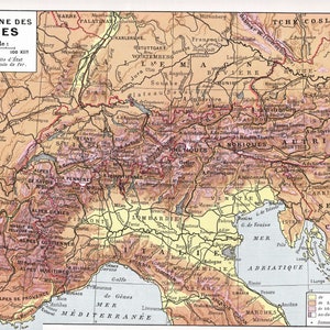 ALPES, La chaîne des Alpes, impression vintage carte des Alpes, France, Illustration ancienne Planche originale Larousse