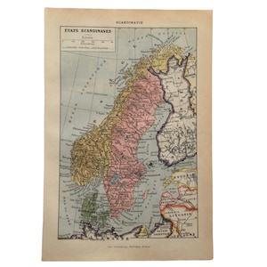 Suède, Norvège, Finlande, Scandinavie, carte ancienne, carte vintage, illustration ancienne, 1912 Petit format