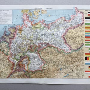 Allemagne, Carte ancienne de l’Allemagne Politique, Drapeaux des Etats, Très Grand format Impression vintage, Illustration ancienne