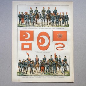 Turquie Armée turc, Pavillon de la Turquie, Armes, Carte ancienne Turquie affiche vintage - Impression vintage Planche originale 1912