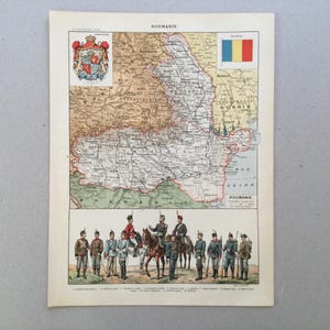 Romania Map of Romania Army, artillery Romanian flag, Old map vintage poster - Vintage print Original plate 1912