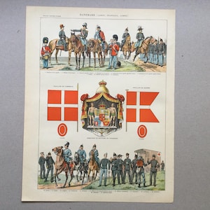1912 Danemark Armée danoise, drapeaux, Armes, Carte ancienne affiche vintage - Impression vintage Planche originale Carte du Danemark Verso
