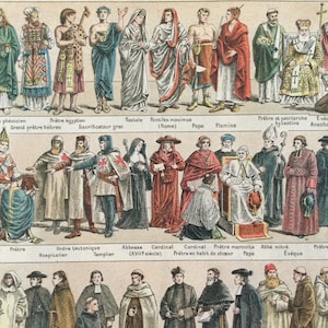 May include: An illustrated chart depicting various historical religious figures and clergy members. The image showcases a diverse array of costumes and attire, including robes, tunics, and ceremonial garments, representing different eras and religious orders.