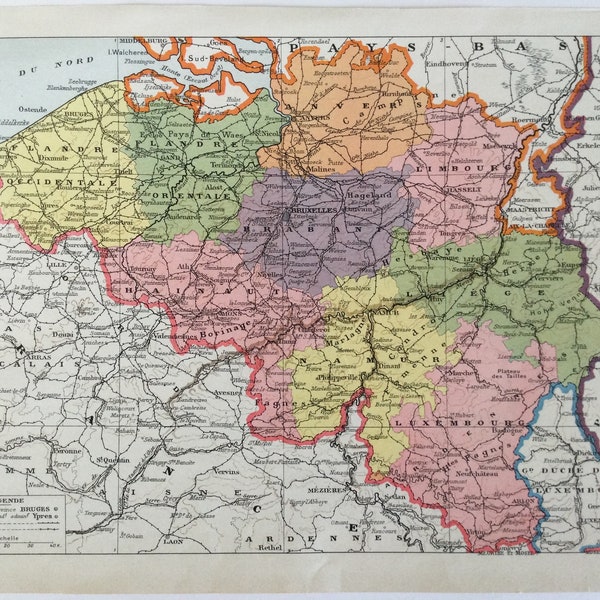 Belgique, ancienne carte de la Belgique, Impression vintage, Planche originale, Illustration ancienne, oude kaarten belgië