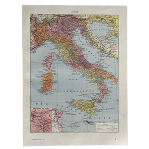 Carte Italie  Italia Map - French vintage prints  Grand format Impression vintage Illustration ancienne Planche originale
