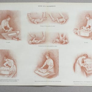 Neonato, Cura del neonato, Pesatura, Bagnetto per neonati, Supporto medico Larousse, Stampa pediatrica vintage, Vecchia illustrazione del 1922
