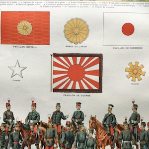 1912 Japon Armée japonaise, Pavillon du Japon, Armes, Carte ancienne Japon affiche vintage - Impression vintage Planche originale
