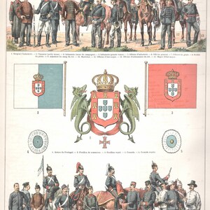 Portugal armes drapeaux armées / carte du Portugal Illustration ancienne Affiche vintage Larousse Planche originale