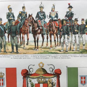 Italie Armée italienne, Pavillon de l'Italie, Armes, Carte ancienne Italie affiche vintage - Impression vintage Planche originale 1912