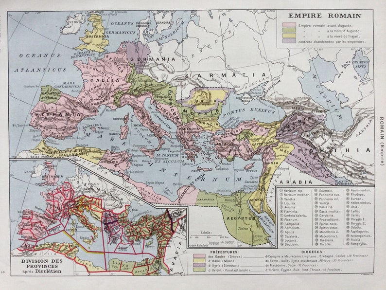 Impero Romano del 1922, Province, stampa d'epoca, vecchia mappa, tavola originale Larousse immagine 6