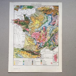 1922 Carte de France géologique et physique Planche originale Larousse illustration ancienne , impression Géographie Géomorphologie reliefs