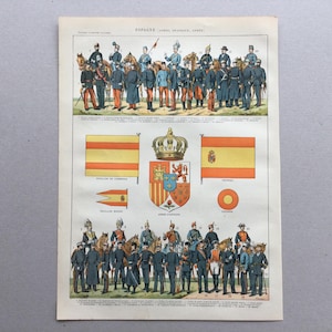 1897 Drapeaux Espagne Armée uniformes, Pavillon de l'Espagne, Armes, Carte Espagne affiche vintage Impression vintage Planche originale