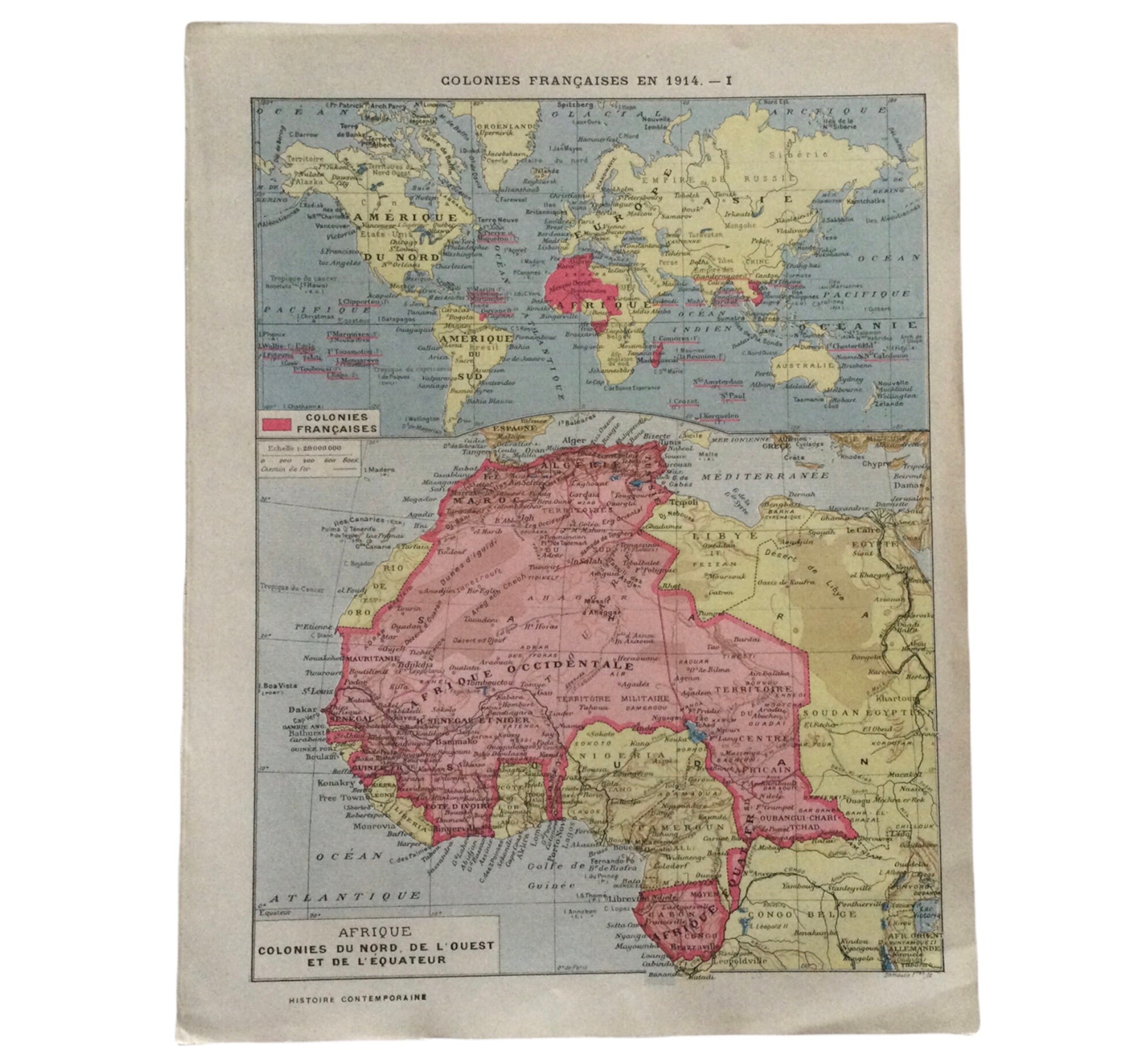 Cartes Vintage - Carte Des Colonies Françaises en 1914 Ancienne French Colonies History Print Antiqu