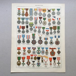 May include: A vintage chart of military decorations from France and other countries. The chart features a grid of colorful medals and ribbons with their names listed below. The chart is printed on white paper with black text and is titled "Decorations, France, Etranger".