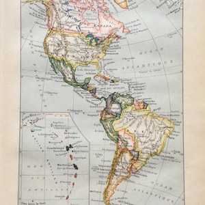 1912 Map of America Continent of America old map of the American continent Original plate Old illustration Larousse Small Format