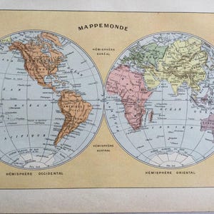 World MAP - Antique Print - French vintage Print -  Mappemonde - Carte du monde
