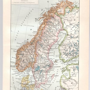 Etats scandinaves, Scandinavie, suède, Norvège, Finlande, carte ancienne, carte vintage, Larousse, illustration ancienne , 1912