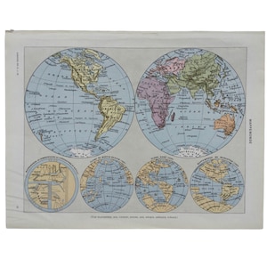 World MAP - Antique Print - French vintage Print -  Mappemonde - Carte du monde