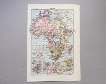 Mappa dell'Africa del 1912, tavola originale, illustrazione antica, Larousse, piccolo formato, mappa francese d'epoca, vecchia mappa dell'Africa