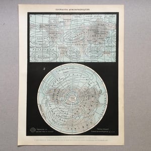Mapa de corrientes atmosféricas Mapa del mundo Placa original Ilustración antigua, Larousse, Impresión vintage Recto/Verso