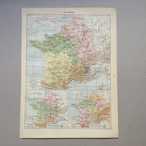 1922 Gallien, Karte von Gallien, Frankreich, Vintage-Druckkarte von Frankreich, alte Karten von Gallien Original Larousse Platte