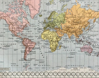 Cartes vintage - MAPPEMONDE - PLANISPHÈRE- Carte Ancienne  - World MAP - Larousse Planche originale Illustration ancienne affiche vintage