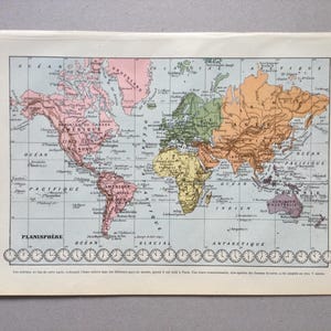 Mappa del mondo del 1922, planisfero, Terra, mappa antica, piccolo formato, illustrazione antica, Larousse, lastra originale