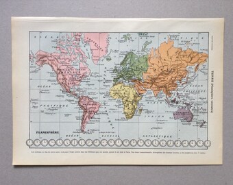 Mappa del mondo del 1922, planisfero, Terra, mappa antica, piccolo formato, illustrazione antica, Larousse, lastra originale