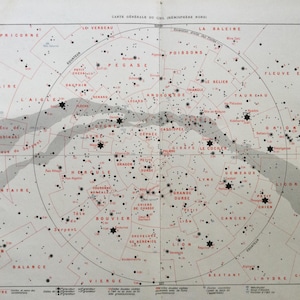 Carte du ciel Constellations, Etoiles, étoiles doubles, Prints Astronomie Illustration ancienne Grande Ourse, Petite ourse, Andromède
