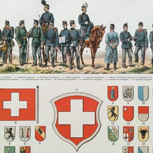May include: A vintage-style educational print featuring illustrations of Swiss military personnel in blue uniforms, the Swiss national flag, a large central shield with a white cross on a red background, and various regional heraldic coats of arms.
