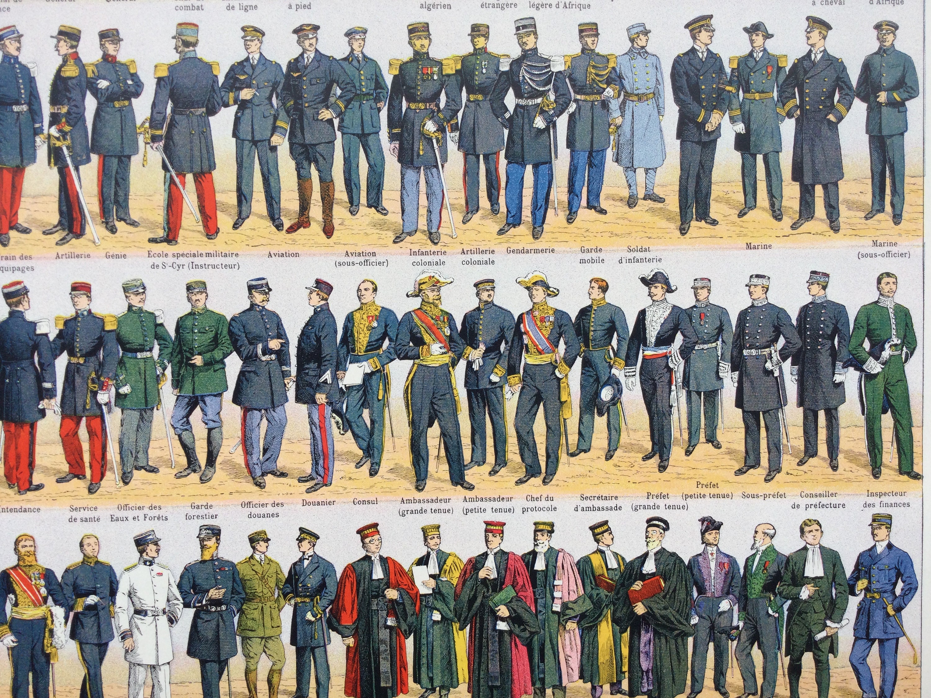 Uniformi, uniformi civili, militari, Grande Formato, Tavola originale,  Stampa vintage, Illustrazione antica, 1912 -  Italia