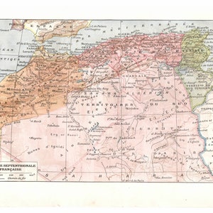 Afrique du Nord Impression vintage Carte ancienne Maroc, Algérie, Tunisie, Planche originale Illustration ancienne Larousse Petit Format