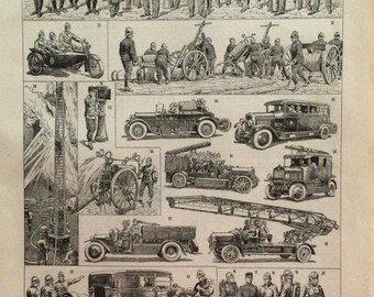 1897 POMPIERS  Véhicules Camions de Pompier et Uniformes Grand Format  Antique France Print-  History Print - Vintage français