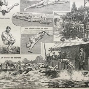 Swimming Crawl, Breaststroke, Rescue Old Illustration Vintage Sports Poster Antique Prints Larousse Original Plate Vintage Sports