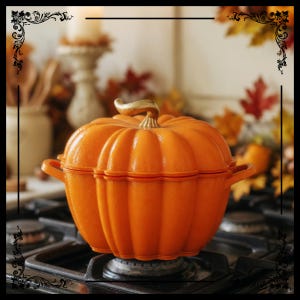 May include: An orange pumpkin-shaped cast iron pot with a gold-colored stem and handles. The pot is sitting on a black stovetop. The background includes fall foliage and a candle holder.