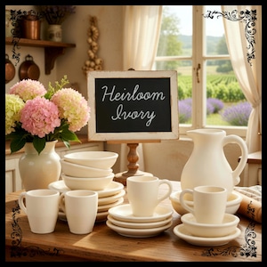 May include: A still life featuring ivory-colored tableware, including mugs, bowls, plates, and a pitcher, arranged on a wooden table. A chalkboard sign reads "Heirloom Ivory." A vase of pink and yellow hydrangeas adds a touch of color.