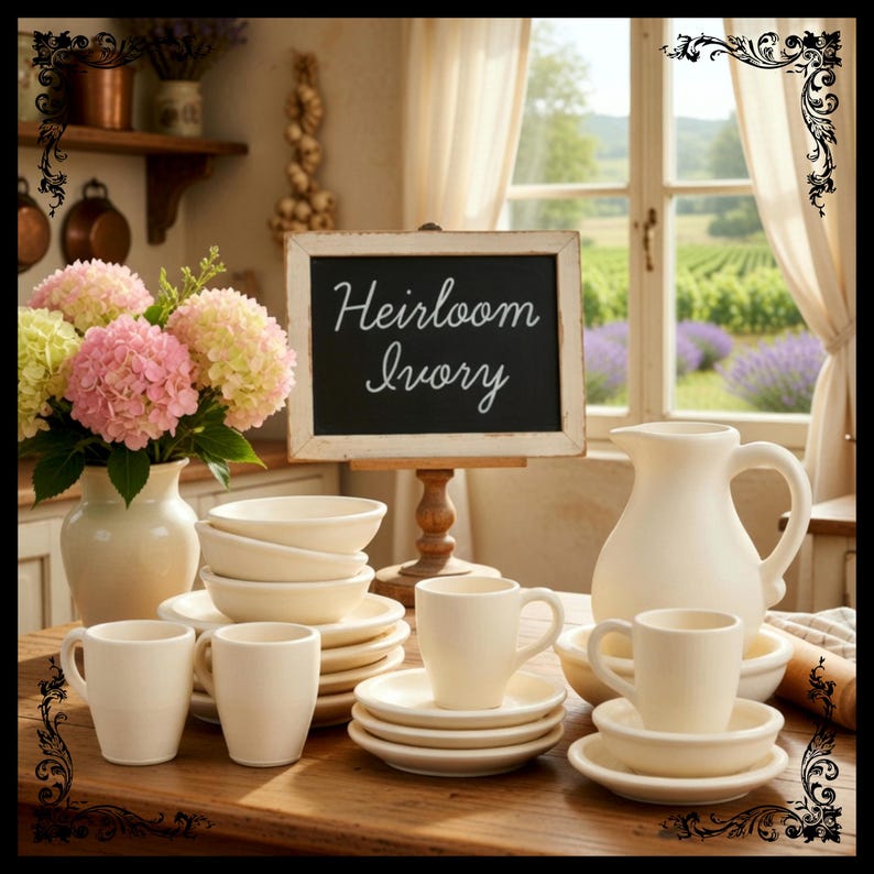 May include: A still life featuring ivory-colored tableware, including mugs, bowls, plates, and a pitcher, arranged on a wooden table. A chalkboard sign reads "Heirloom Ivory." A vase of pink and yellow hydrangeas adds a touch of color.