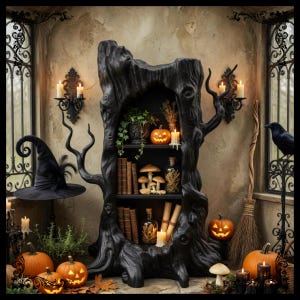 May include: A black, hollowed-out tree trunk bookshelf featuring three shelves filled with vintage books, glass bottles, mushrooms, and a glowing jack-o'-lantern. The structure is surrounded by a witch hat, pumpkins, a broom, and candles.