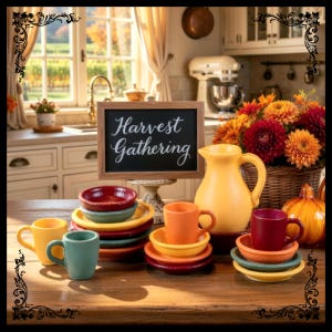 May include: A still life featuring a "Harvest Gathering" chalkboard sign, colorful ceramic mugs, bowls, and plates. A yellow pitcher and a basket of fall flowers are also present. The scene is set on a wooden table in a kitchen.