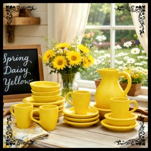 May include: A bright yellow ceramic dish set, including plates, cups, and a pitcher, arranged on a wooden table. A chalkboard with the words "Spring Daisy Yellow" is visible. A vase of yellow daisies sits nearby.