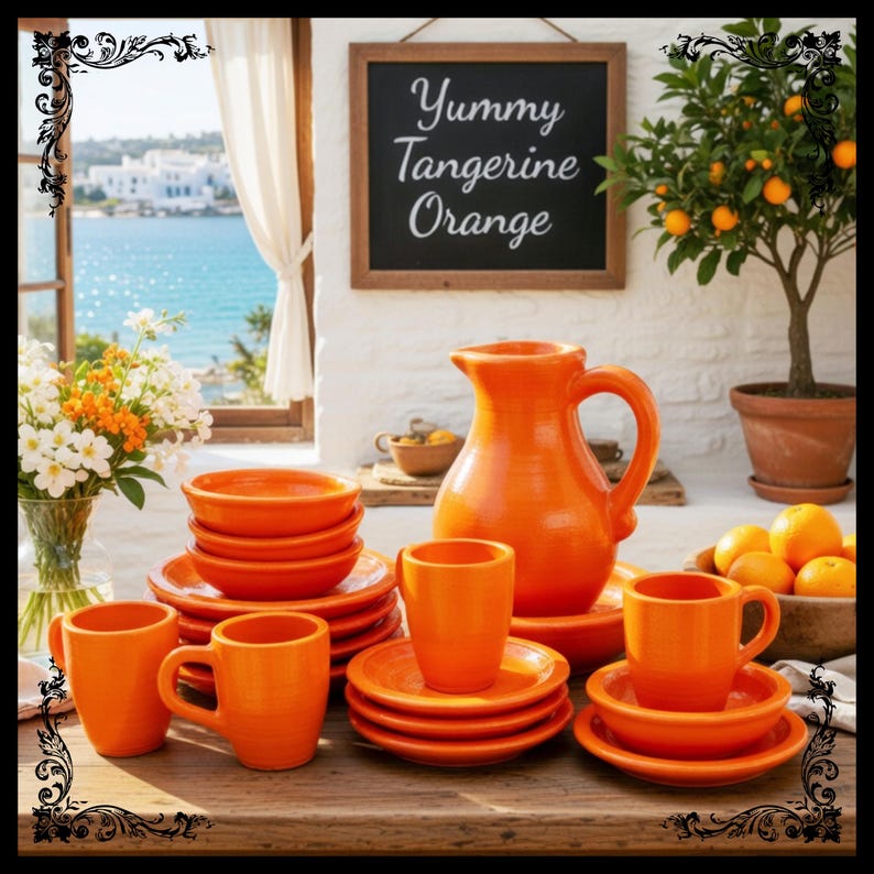May include: A vibrant orange ceramic tableware set, including plates, bowls, and mugs, is arranged on a wooden table. A matching pitcher and a sign that reads "Yummy Tangerine Orange" are also present. A small tangerine tree is in the background.