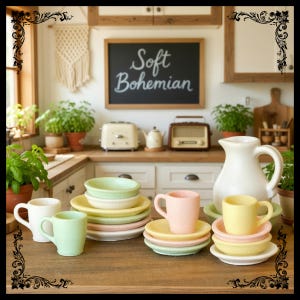 May include: A kitchen scene with pastel-colored dishware, including cups, saucers, and bowls, arranged on a wooden surface. A white pitcher and a chalkboard sign that reads "Soft Bohemian" are also visible. The scene evokes a cozy, vintage aesthetic.