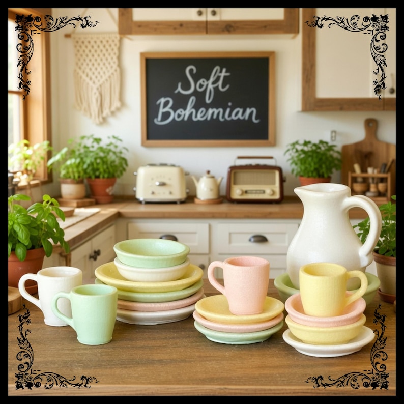 May include: A kitchen scene with pastel-colored dishware, including cups, saucers, and bowls, arranged on a wooden surface. A white pitcher and a chalkboard sign that reads "Soft Bohemian" are also visible. The scene evokes a cozy, vintage aesthetic.